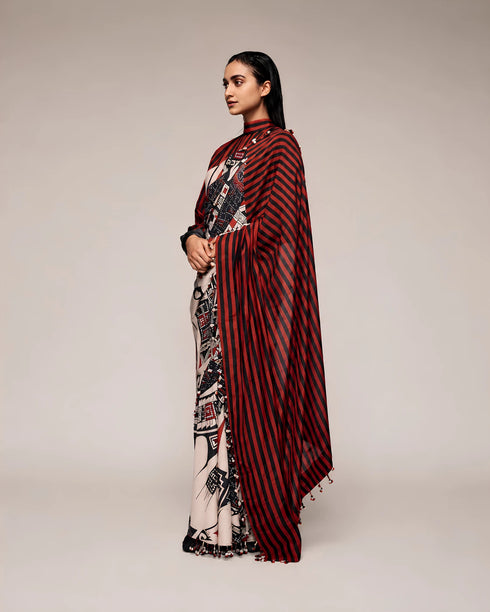 Black Satin Saree With Blouse - Back View | Samyak Fashion