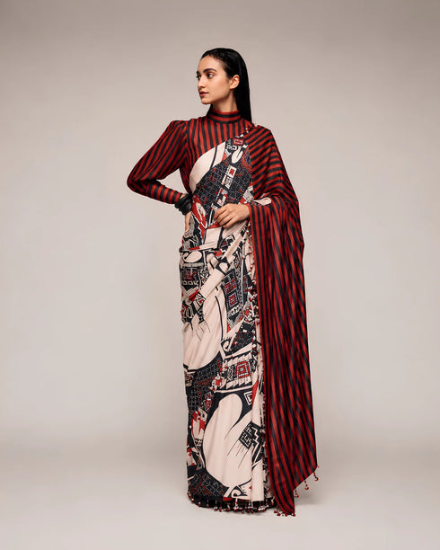 Black Satin Saree With Blouse - Close-up View | Samyak Fashion