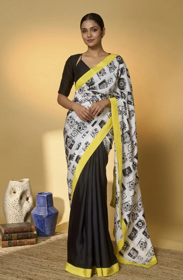Black Satin Saree With Blouse - Front View | Samyak Fashion