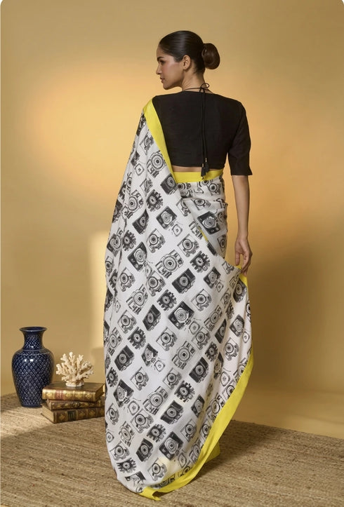 Black Satin Saree With Blouse - Back View | Samyak Fashion