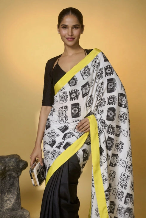Black Satin Saree With Blouse - Side View | Samyak Fashion