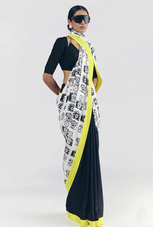 Black Satin Saree With Blouse - Detail View | Samyak Fashion