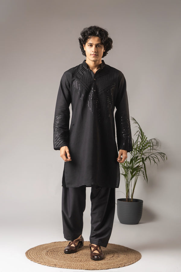 Black Silk Blend Mens Kurta With Payjama - Front View | Samyak Fashion
