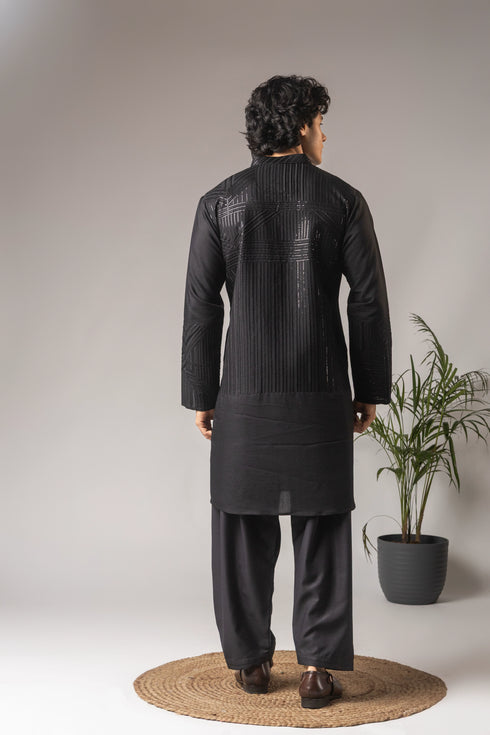 Black Silk Blend Mens Kurta With Payjama - Back View | Samyak Fashion