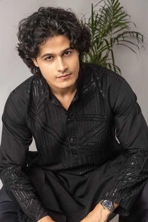 Black Silk Blend Mens Kurta With Payjama - Side View | Samyak Fashion