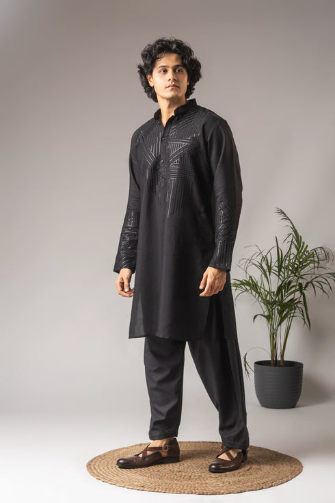 Black Silk Blend Mens Kurta With Payjama - Detail View | Samyak Fashion