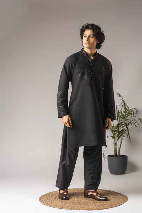 Black Silk Blend Mens Kurta With Payjama - Close-up View | Samyak Fashion