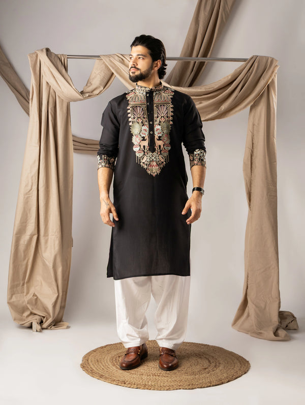 Black Silk Mens Kurta With Payjama - Front View | Samyak Fashion