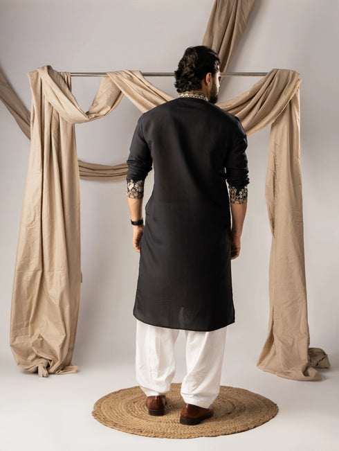 Black Silk Mens Kurta With Payjama - Back View | Samyak Fashion