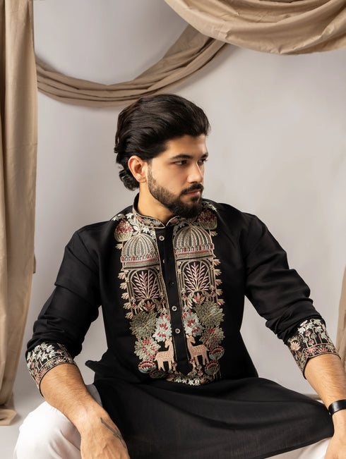 Black Silk Mens Kurta With Payjama - Side View | Samyak Fashion