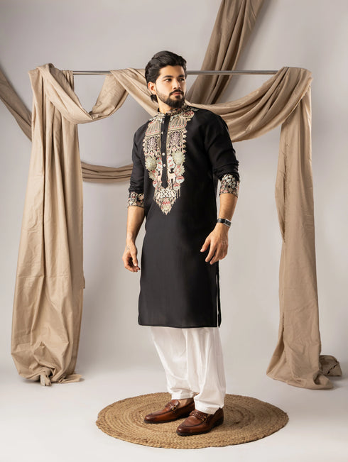 Black Silk Mens Kurta With Payjama - Detail View | Samyak Fashion