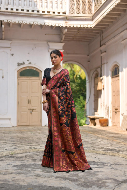 Black Soft Pashmina Silk Designer Function Wear Saree Collection With Blouse - Back View | Samyak Fashion