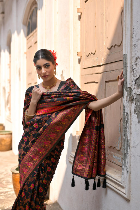 Black Soft Pashmina Silk Designer Function Wear Saree Collection With Blouse - Side View | Samyak Fashion