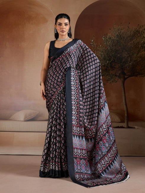 Black Soft Satin Georgette Elegant Party Wear Saree Collection With Blouse - Front View | Samyak Fashion