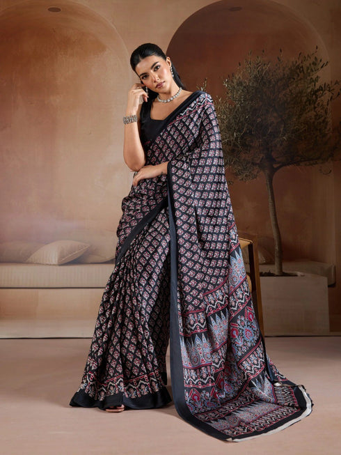 Black Soft Satin Georgette Elegant Party Wear Saree Collection With Blouse - Back View | Samyak Fashion