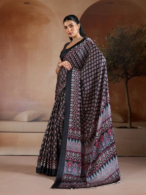 Black Soft Satin Georgette Elegant Party Wear Saree Collection With Blouse - Side View | Samyak Fashion