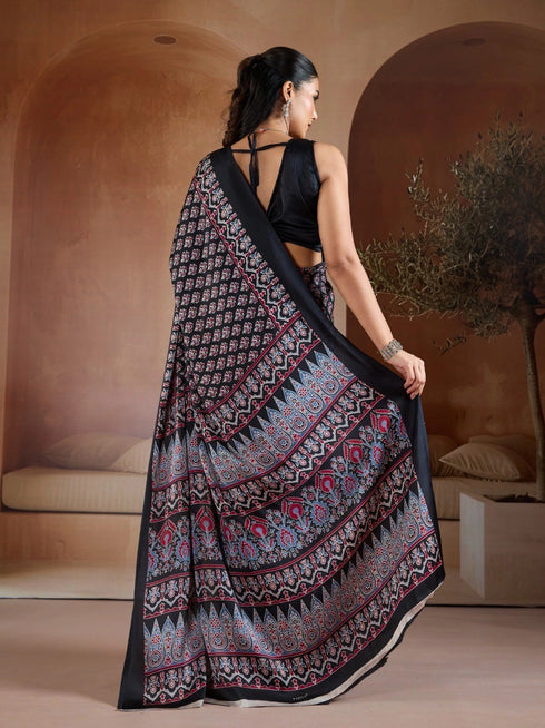 Black Soft Satin Georgette Elegant Party Wear Saree Collection With Blouse - Detail View | Samyak Fashion