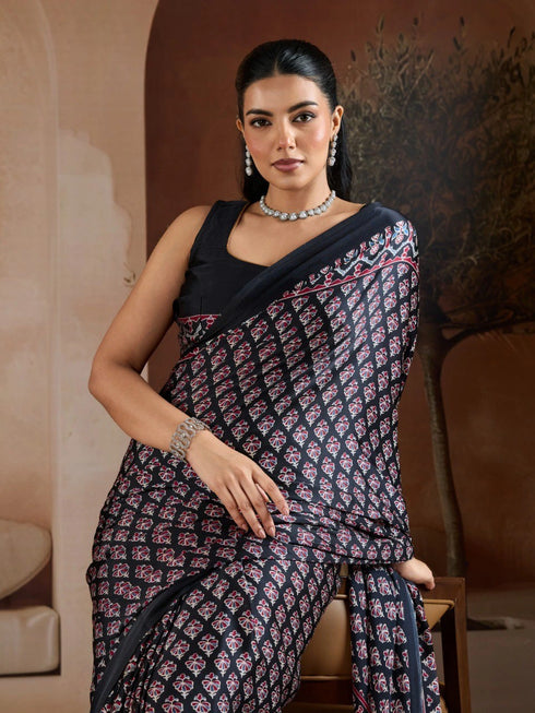 Black Soft Satin Georgette Elegant Party Wear Saree Collection With Blouse - Close-up View | Samyak Fashion