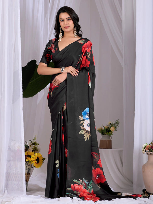 Black Soft Satin Georgette Saree With Blouse - Front View | Samyak Fashion