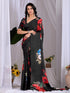 Black Soft Satin Georgette Saree With Blouse - Front View | Samyak Fashion
