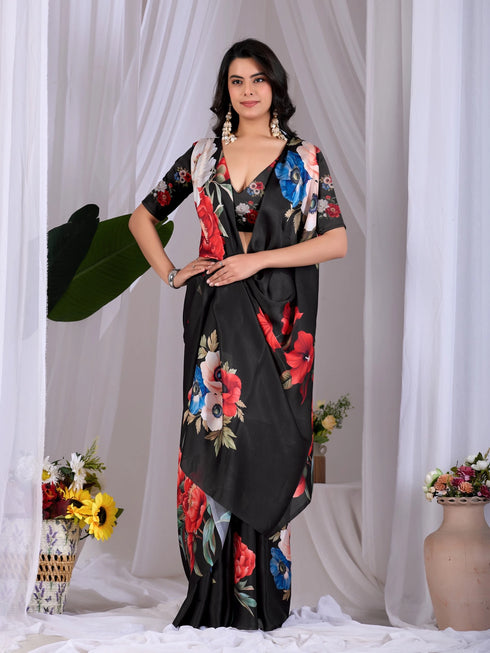 Black Soft Satin Georgette Saree With Blouse - Back View | Samyak Fashion