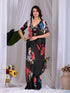 Black Soft Satin Georgette Saree With Blouse - Back View | Samyak Fashion