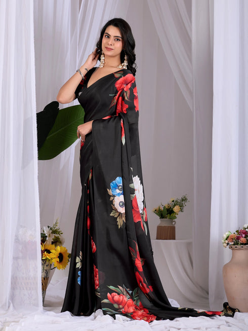 Black Soft Satin Georgette Saree With Blouse - Side View | Samyak Fashion