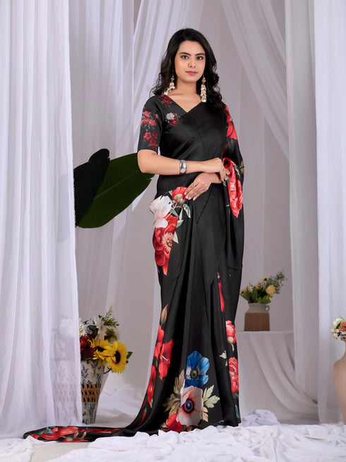Black Soft Satin Georgette Saree With Blouse - Detail View | Samyak Fashion