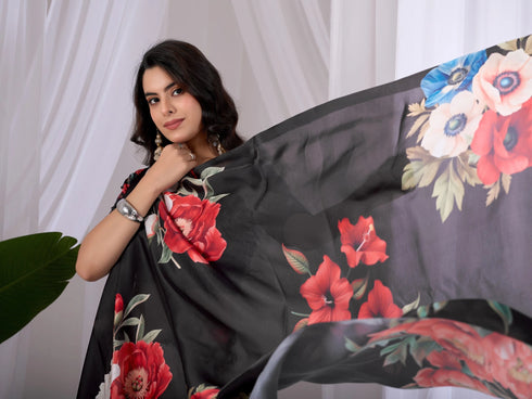Black Soft Satin Georgette Saree With Blouse - Full View | Samyak Fashion