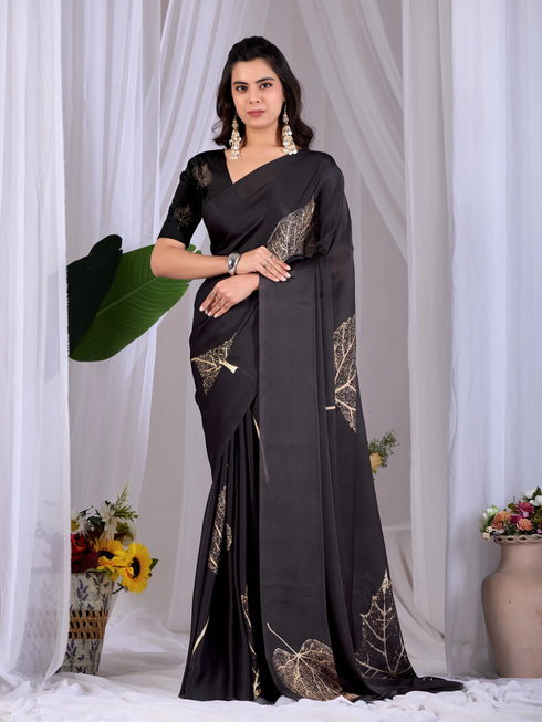 Black Soft Satin Georgette Saree With Blouse - Front View | Samyak Fashion