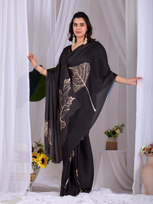 Black Soft Satin Georgette Saree With Blouse - Back View | Samyak Fashion