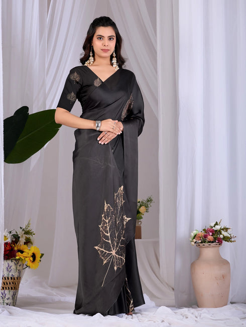 Black Soft Satin Georgette Saree With Blouse - Detail View | Samyak Fashion