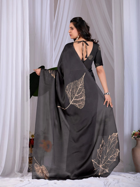 Black Soft Satin Georgette Saree With Blouse - Close-up View | Samyak Fashion