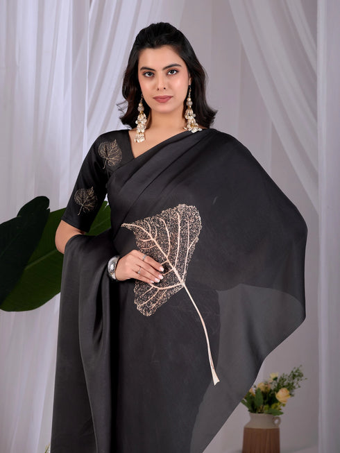 Black Soft Satin Georgette Saree With Blouse - Full View | Samyak Fashion