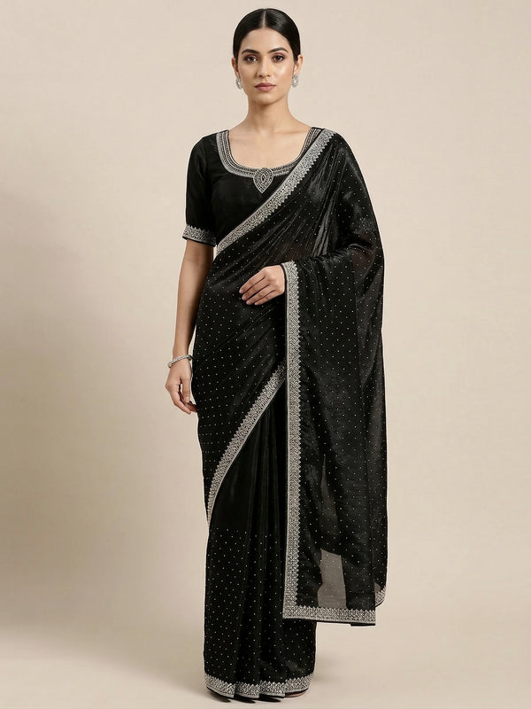 Black Space Silk Elegant Party Wear Saree Collection With Blouse - Front View | Samyak Fashion