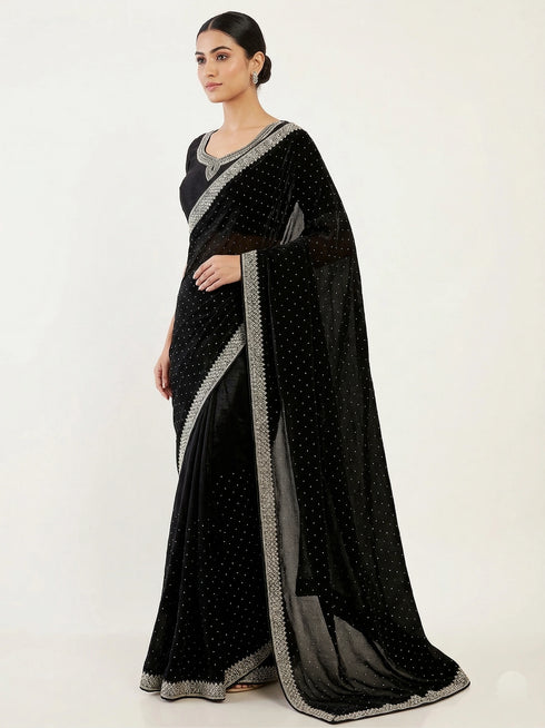 Black Space Silk Elegant Party Wear Saree Collection With Blouse - Back View | Samyak Fashion
