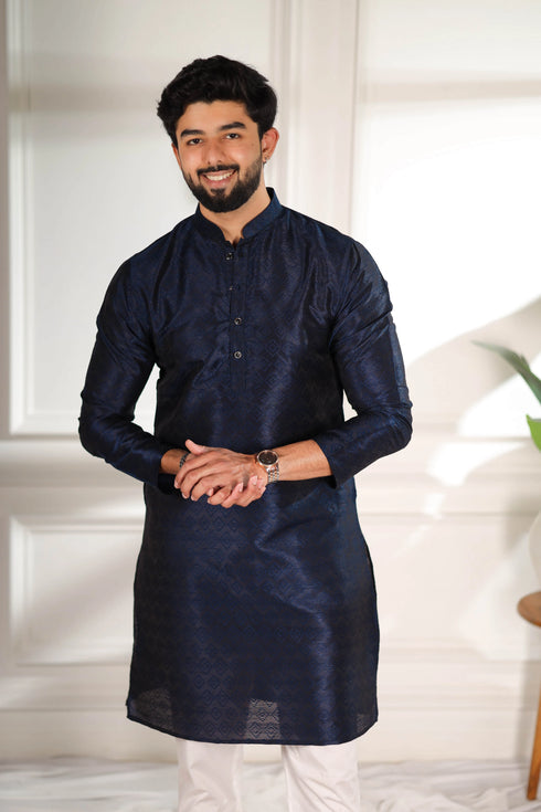 Blue Art Silk Mens Kurta With Payjama - Side View | Samyak Fashion