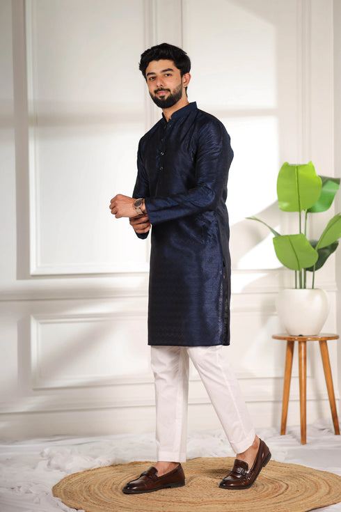Blue Art Silk Mens Kurta With Payjama - Detail View | Samyak Fashion