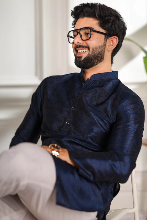 Blue Art Silk Mens Kurta With Payjama - Close-up View | Samyak Fashion
