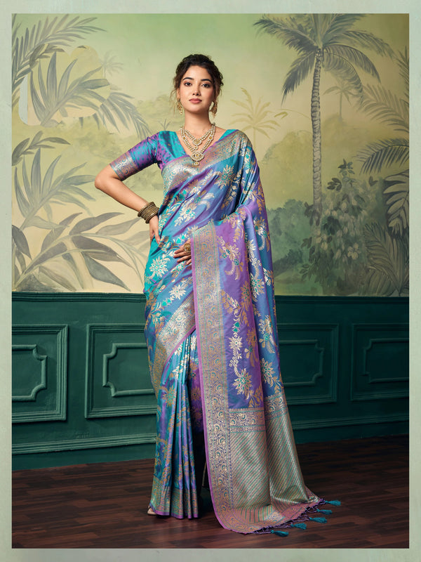 Blue Banarasi Silk Party Wear Saree With Blouse - Front View | Samyak Fashion