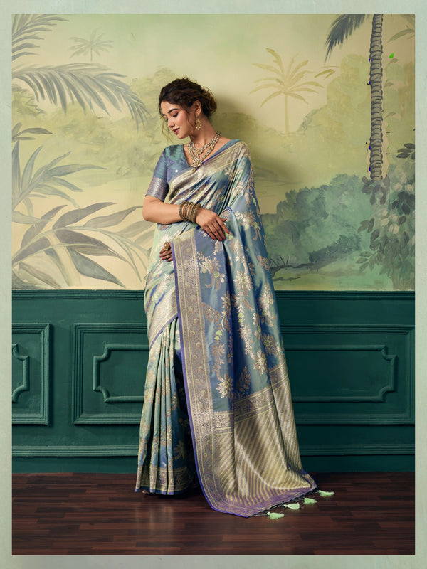 Blue Banarasi Silk Party Wear Saree With Blouse - Front View | Samyak Fashion