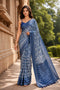 Blue Chanderi Linen Saree With Blouse - Front View | Samyak Fashion
