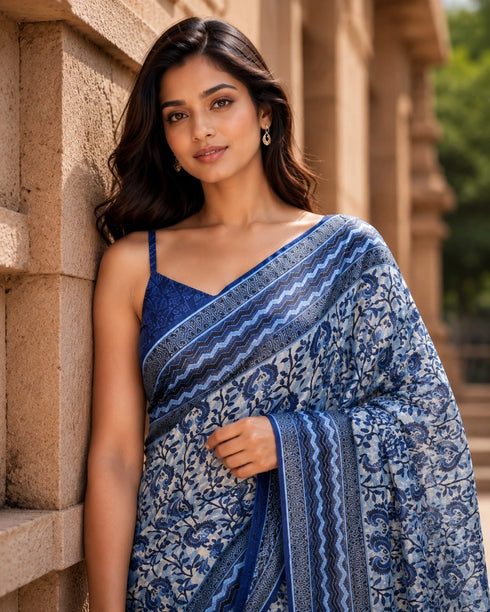Blue Chanderi Linen Saree With Blouse - Side View | Samyak Fashion