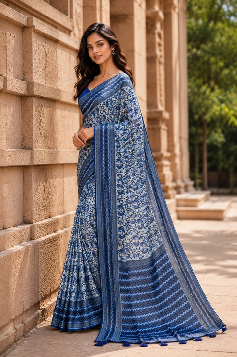 Blue Chanderi Linen Saree With Blouse - Detail View | Samyak Fashion