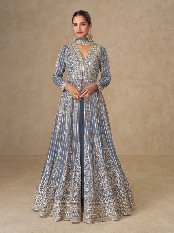 Blue Chinon Gown With Dupatta With Dupatta - Front View | Samyak Fashion