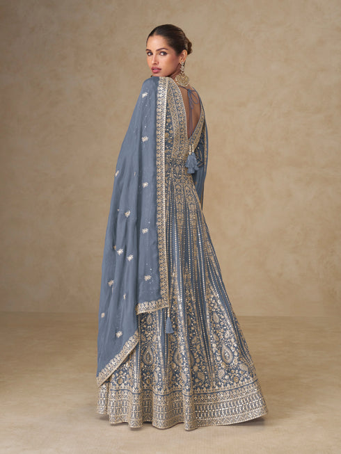 Blue Chinon Gown With Dupatta With Dupatta - Back View | Samyak Fashion