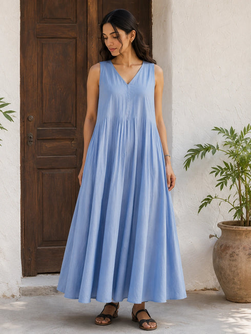 Blue Cotton Gown - Front View | Samyak Fashion