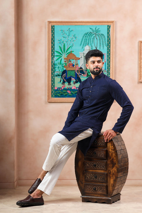 Blue Cotton Mens Kurta With Payjama - Close-up View | Samyak Fashion