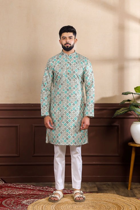 Blue Cotton Mens Kurta With Payjama - Front View | Samyak Fashion