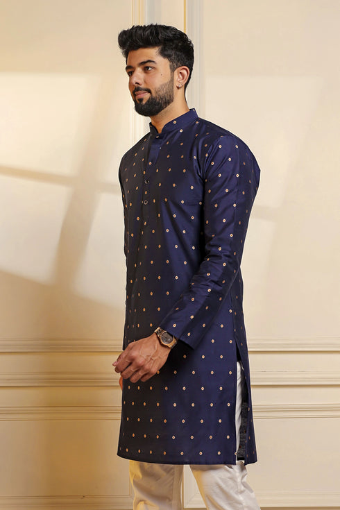 Blue Cotton Mens Kurta With Payjama - Close-up View | Samyak Fashion